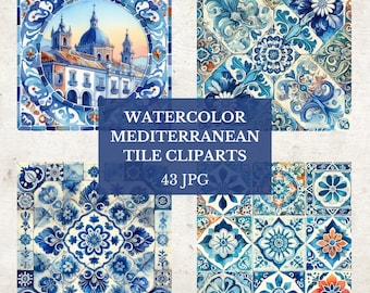 Clipart di piastrelle mediterranee ad acquerello: carta digitale JPG blu e bianca (download digitale)