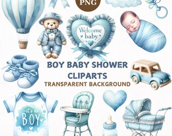 Clipart de Baby Shower de Niño: 36 ilustraciones PNG en acuarela (Descarga digital)