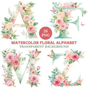 Pacote de clipart de letras do alfabeto floral, 26 png transparentes, borboletas com letras em aquarela, clipart de alfabeto de borboleta, alfabeto floral png