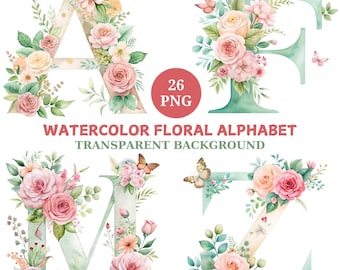 Clipart dell'alfabeto floreale ad acquerello: lettere di fiori a farfalla (download digitale PNG)