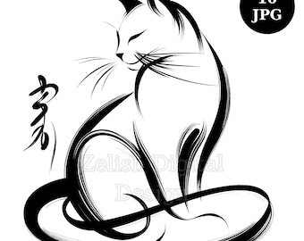 10 Zen Art Cat Clipart Bundle, White Background JPG, Digital Download