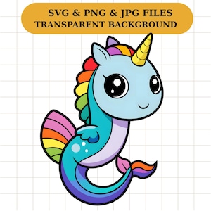 Rainbow Seahorse Unicorn Clipart, Kawaii Seahorse SVG, PNG, JPG, Cute Unicorn Seahorse Illustration, Rainbow Unicorn Clipart, Magic Unicorn