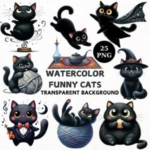Funny Black Cat Clipart Bundle, 25 Transparent png, Cute Black Cat png Bundle, Watercolor Cats Clipart, Watercolor Cats png