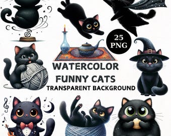 Lot de 25 cliparts aquarelle chat noir amusant : 25 illustrations PNG (téléchargement numérique)