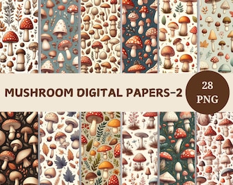May include: A collection of 28 digital papers featuring various mushroom illustrations. The papers showcase a variety of mushroom types in different colors and patterns, with the text "MUSHROOM DIGITAL PAPERS-2" displayed prominently.