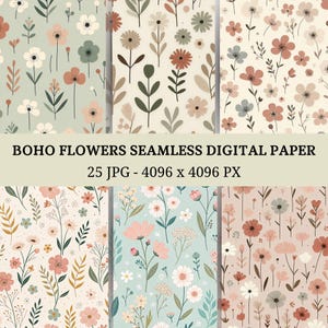 25 Boho Flowers Seamless Digital Paper jpg, Floral Paper Printable Watercolor Clipart, Junk Journal, Scrapbooking, Pastel Floral Backgrounds