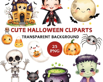 Watercolor Halloween Clipart: 25 Kawaii PNG Illustrations (Digital Download)