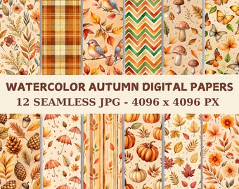 Watercolor Autumn Digital Paper: Seamless Fall Leaves, Pumpkins (Instant Download)
