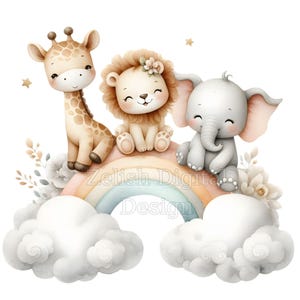 7 Watercolor Safari Animals on Rainbow, PNG & JPG Clipart for Nursery ...