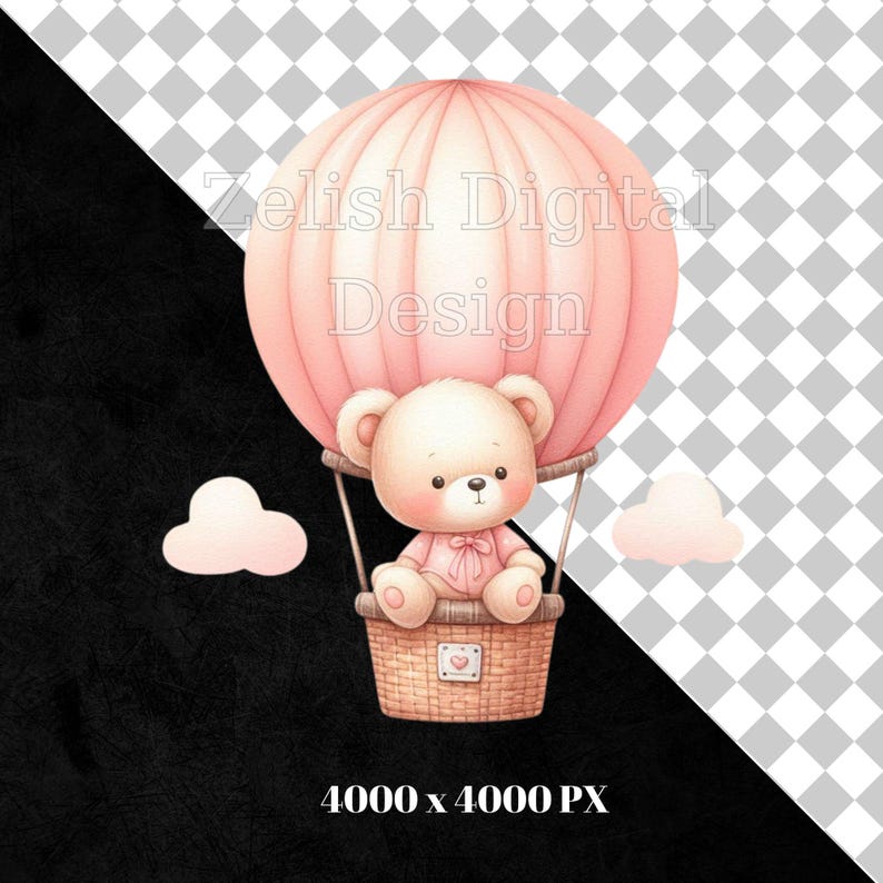 Watercolor Pink Teddy Bear Clipart: Baby Shower Hot Air Balloons (PNG ...