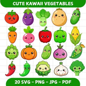20 Cute Kawaii Vegetables Clipart Bundle, Cute Vegetables and Greens Clipart, Healthy Food, Cute cartoon vegetables, kawaii nursery clipart