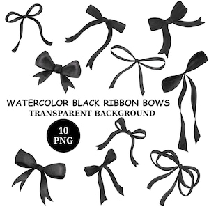 Watercolor Black Bow Clipart: Elegant Ribbon Bows (10 PNG, Digital Download)