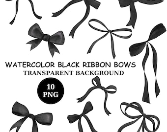 Watercolor Black Bow Clipart: Elegant Ribbon Bows (10 PNG, Digital Download)