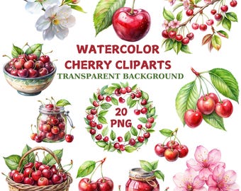 Watercolor Cherry Clipart Bundle: Blossom, Fruit, Wreath (PNG Digital Download)
