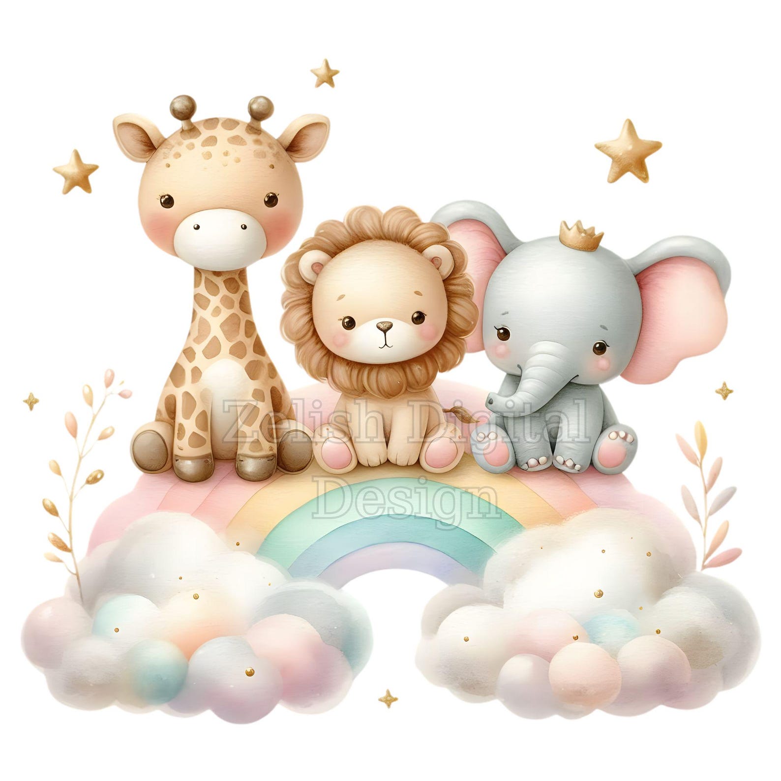 7 Watercolor Safari Animals on Rainbow, PNG & JPG Clipart for Nursery ...