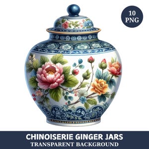 10 Watercolor Chinoiserie Ginger Jar Clipart Bundle, Digital Download png Files Transparent Background, Cards, Papercraft, Instant Download