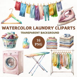 Watercolor Laundry Clipart Bundle, 16 Transparent Laundry png washing machine graphics, clothes clip art, wash day, junk journal paper craft
