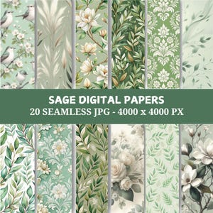 Sage Green Digital Paper Bundle: Seamless Floral & Botanical Designs (Digital Download)