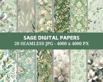 Sage Green Digital Paper Bundle: Seamless Floral & Botanical Designs (Digital Download)