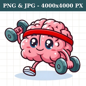 Brain Cartoon PNG Clipart, Cute Brain with Dumbbells, Mental Health Awareness, Digital Download for Crafts, Stickers, Educational Materials