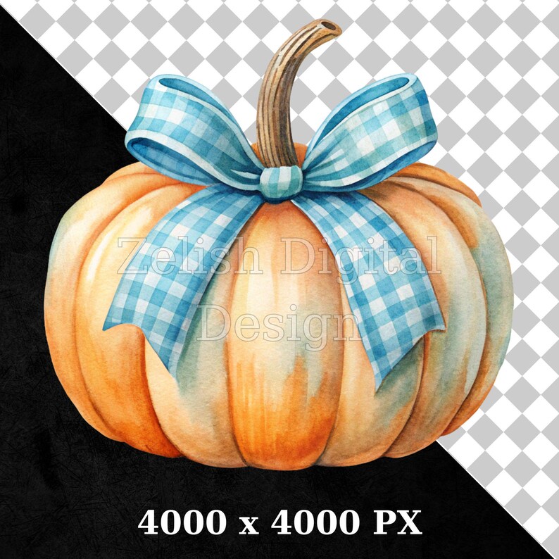 Watercolor Pumpkins & Bows Clipart Bundle: Blue Toile, Fall PNG ...