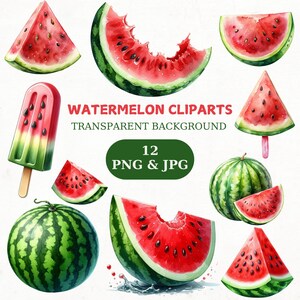 May include: Watercolor illustrations of watermelon slices, a whole watermelon, and a watermelon popsicle. The image includes the text "WATERMELON CLIPARTS TRANSPARENT BACKGROUND" and "12 PNG & JPG". The watermelons are red with black seeds and green rinds.