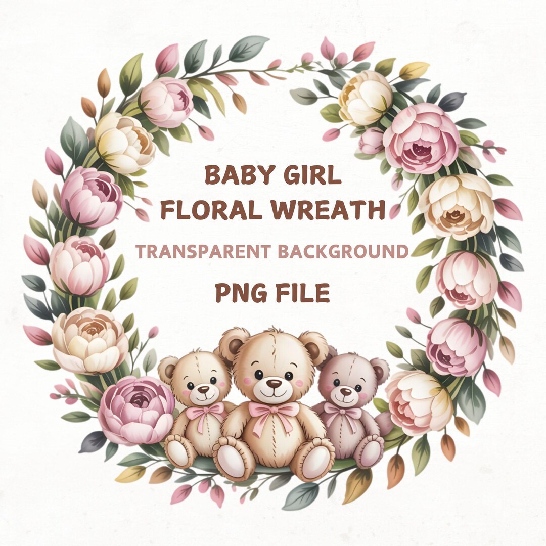 Teddy Bear Floral Wreath Clipart: Baby Shower Invitation, Nursery Art ...