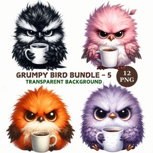 Watercolor Grumpy Birds Clipart Bundle: Coffee Owls (Instant Download, 12 PNGs