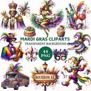 Könnte beinhalten: Ein Set mit 44 Mardi Gras-Clipart-Bildern mit transparentem Hintergrund. Die Bilder beinhalten einen König, eine Königin, einen Narren, eine Fleur-de-lis, eine Maske, einen Bus, ein Straßenschild, einen Kuchen, einen Cupcake, ein Saxophon und einen Alligator.