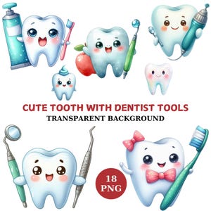 Diente con herramientas de dentista, paquete de imágenes prediseñadas de dientes en acuarela, 18 imágenes PNG transparentes, paquete de imágenes prediseñadas de dientes, linda decoración de guardería con arte dental