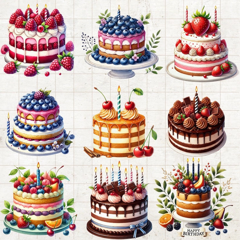 Watercolor Birthday Cake Clipart Bundle: 22 PNG Designs (digital ...