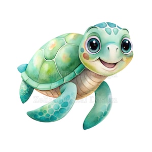 May include: A watercolour illustration of a smiling sea turtle. The turtle has a light green shell with darker green accents, light blue flippers, and large, expressive eyes. The turtle is depicted on a white background.