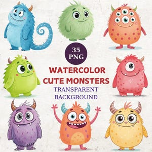 Clipart aquarel schattige monsters, 35 transparante png, grappig personage, schattig schattig monsterillustraties, schattige afbeeldingen, kinderillustratie