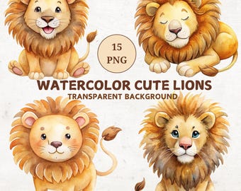 Watercolor Lion Clipart Bundle, Safari Nursery Decor (15 PNG)