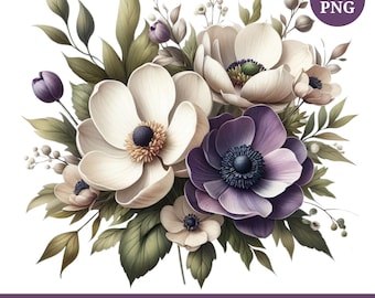 Watercolor Floral Bouquet Clipart Bundle: White Magnolias & Purple Anemones, PNG Files, Digital Download
