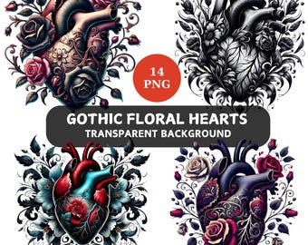 Clipart di cuori floreali gotici: pacchetto PNG anatomico per San Valentino (download digitale)