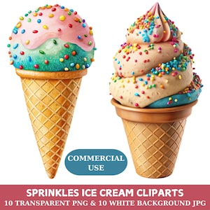 Sprinkles Ice Cream Clipart Bundle: 10 PNG & JPG Designs (Digital Download
