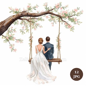 May include: A watercolour illustration depicts a couple on a swing beneath a blossoming tree. The woman is in a white wedding dress, and the man wears a navy suit. The image has a romantic theme, with soft colours and delicate details. The text "Zelia Digital Design" is visible.