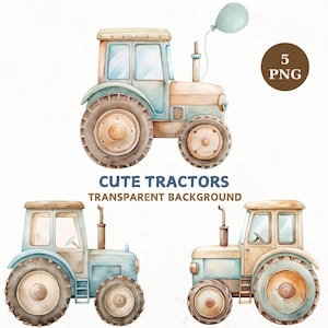 Op de afbeelding: Waterverfillustraties van drie tractoren in vintage-stijl in tinten blauw, beige en bruin. Aan één tractor is een lichtblauwe ballon vastgebonden. De tekst "CUTE TRACTORS TRANSPARENT BACKGROUND" staat eronder. Een bruine cirkel met "5 PNG" staat rechtsboven.