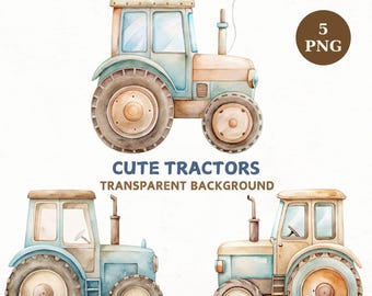 Watercolor Tractor Clipart Bundle, 5 PNG, Baby Boy Design, Farm Nursery Art (Digital Download)