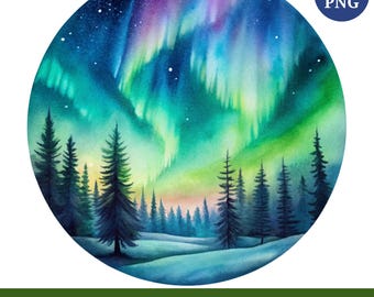 Watercolor Aurora Borealis Clipart: Northern Lights Scenery (PNG Files)