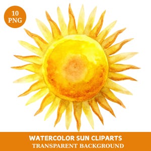 Aquarel zon clipartbundel, handgeschilderde stijl digitale zon illustraties, 10 transparante png, zomerzon illustraties, hoge resolutie png