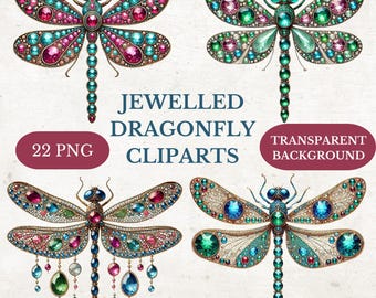 Jeweled Dragonfly Cliparts: 22 Gemstone PNG Illustrations (Digital Download)
