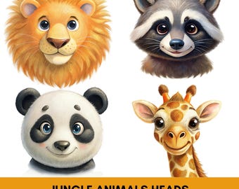 Jungle Animal Head Clipart: 16 PNG Animal Faces (Digital Download)