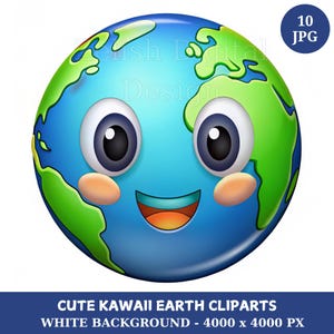 Cute Kawaii Earth Clipart Bundle, Cute Smiling Earth, 10 High-Quality jpg, Cute Earth Illustrations, Kids' Room Art, Printables Earth jpgs