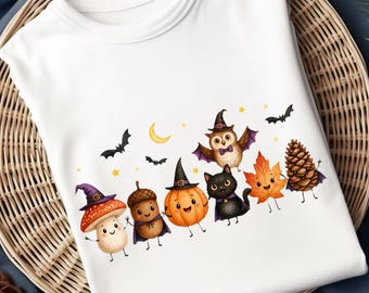 Happy Halloween Characters PNG, Kawaii Fall Friends Clipart, Pumpkin Cat Owl Mushroom (Digital Download)