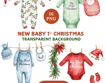 Christmas Baby Clothesline Clipart Bundle, Baby's First Christmas PNG, Digital Download