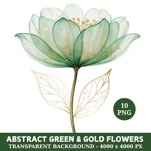 Watercolor Green & Gold Flowers Clipart: Elegant Floral PNG, Digital Download