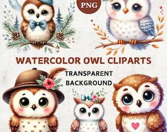 Pacchetto di clipart di gufi acquerellati, decorazioni per la cameretta dei bambini (32 PNG)