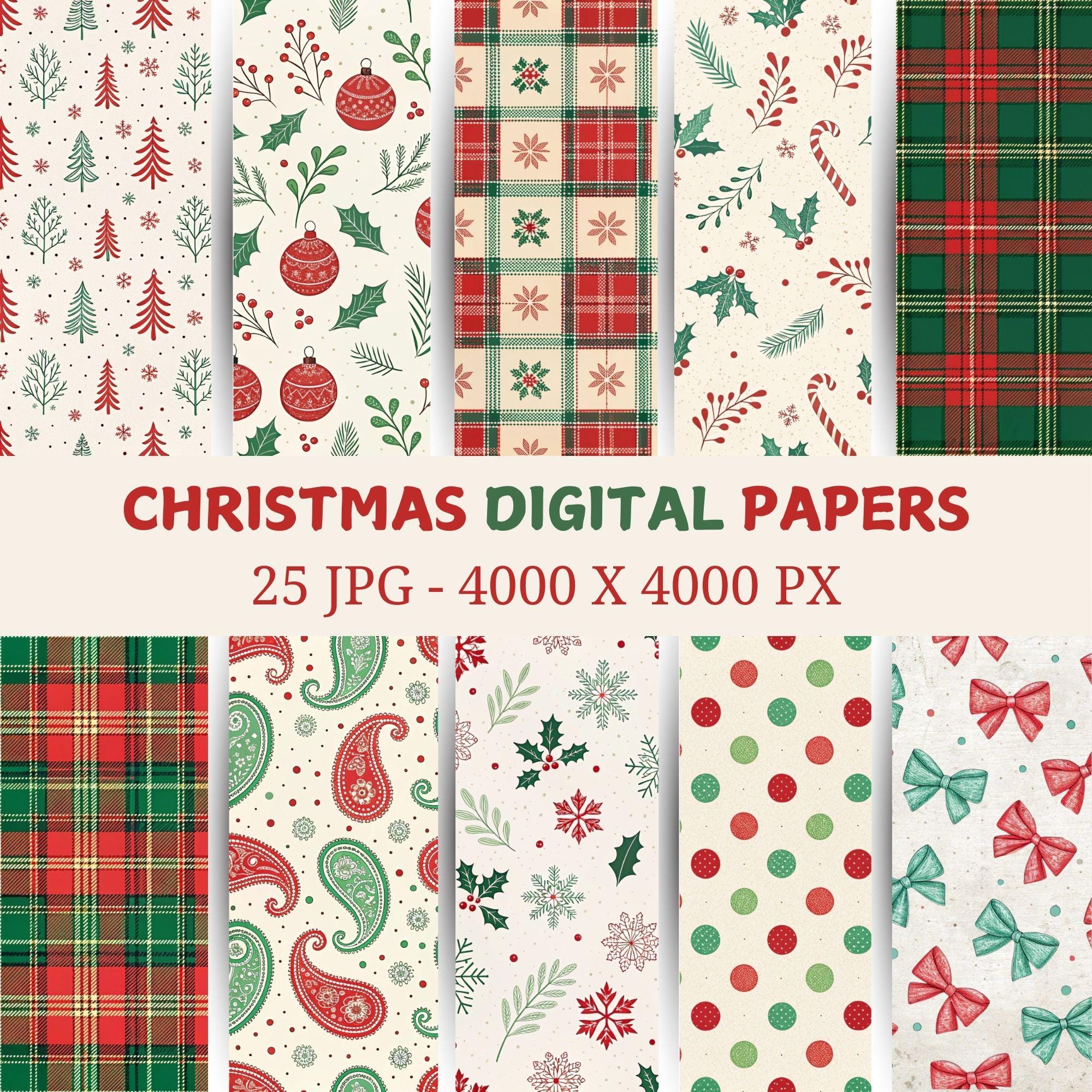 Christmas Digital Paper Set: Red & Green Holiday Patterns (25 JPGs)